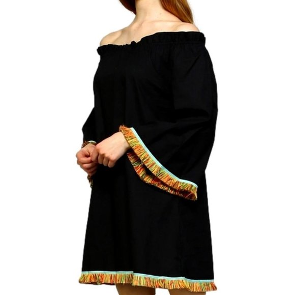 Boho Off Shoulder Fringe Trimmed Gypsy Dress NEW - Picture 4 of 5